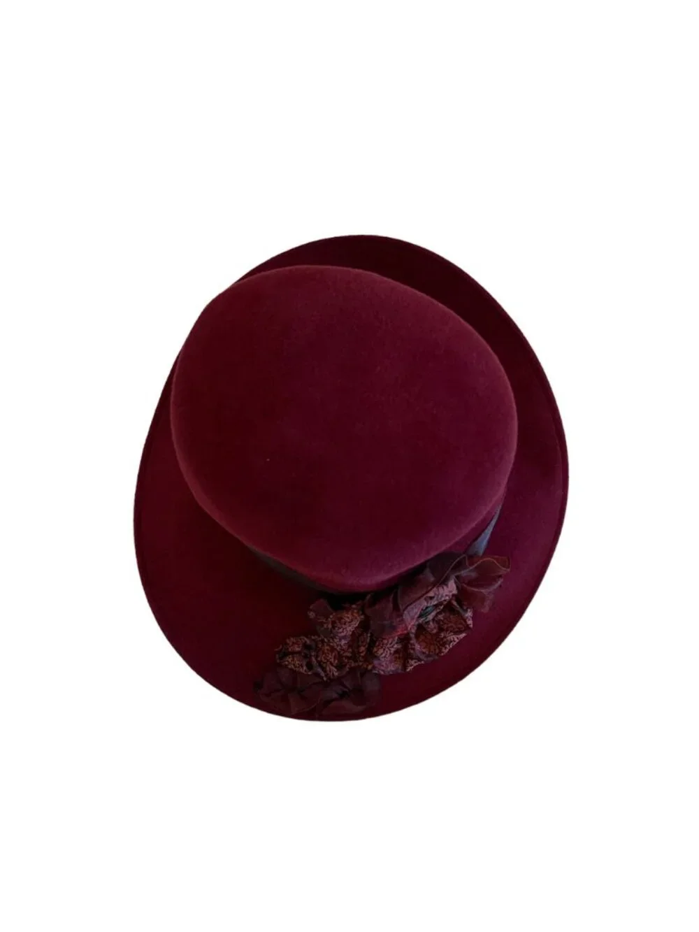 Louise Green Burgundy Wool Felt Wide Brim Hat With Floral Ribbon Detail